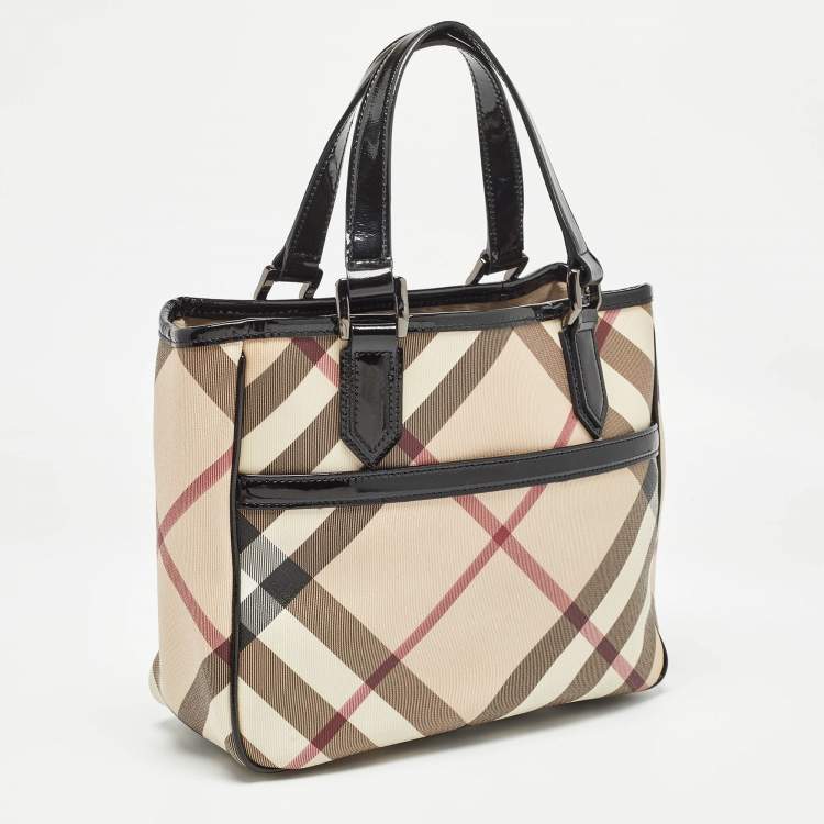 Pre Owned Burberry Black/Beige Nova Check PVC and Patent Leather Front Pocket Tote