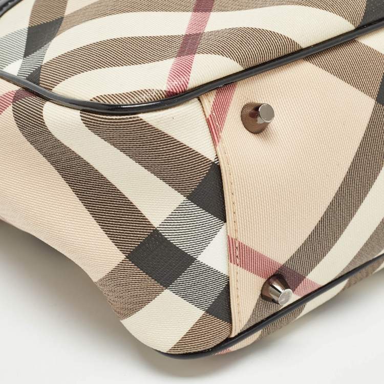 Pre Owned Burberry Black/Beige Nova Check PVC and Patent Leather Front Pocket Tote
