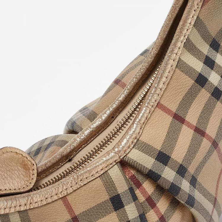 Pre Owned Burberry Gold/Beige Haymarket Coated Canvas Hobo