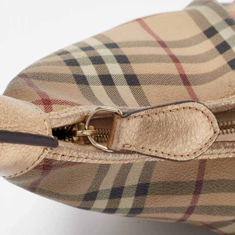 Pre Owned Burberry Gold/Beige Haymarket Coated Canvas Hobo