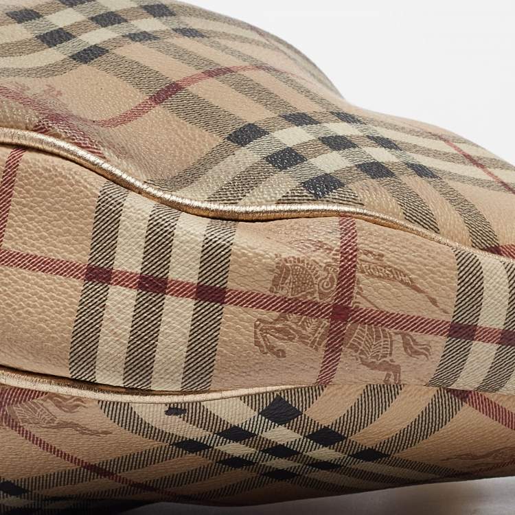 Pre Owned Burberry Gold/Beige Haymarket Coated Canvas Hobo