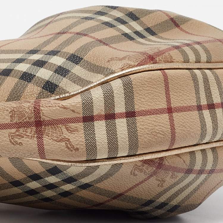 Pre Owned Burberry Gold/Beige Haymarket Coated Canvas Hobo