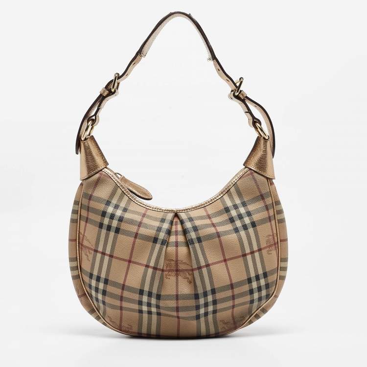 Pre Owned Burberry Gold/Beige Haymarket Coated Canvas Hobo