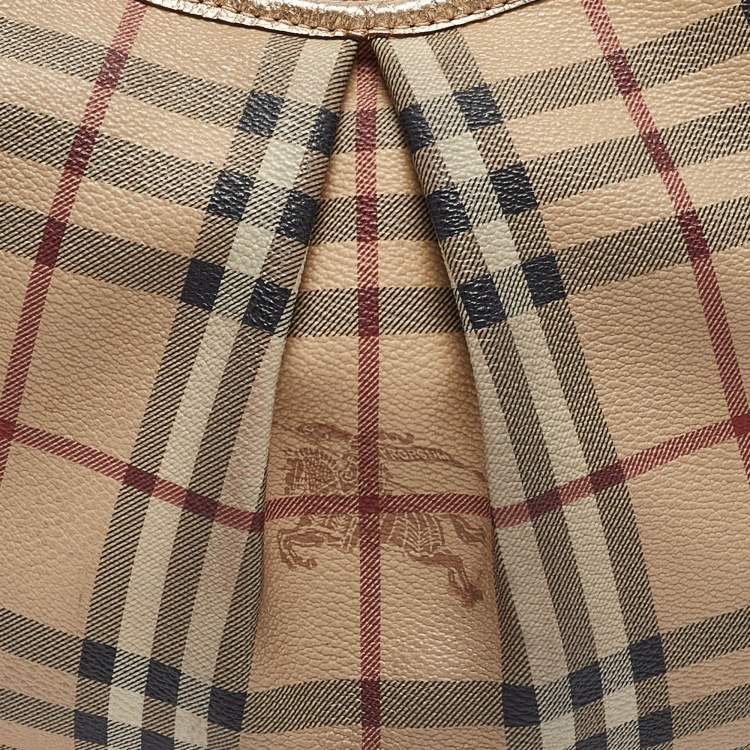 Pre Owned Burberry Gold/Beige Haymarket Coated Canvas Hobo