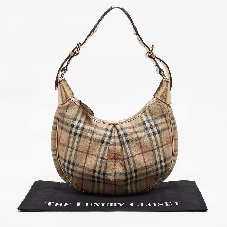 Pre Owned Burberry Gold/Beige Haymarket Coated Canvas Hobo
