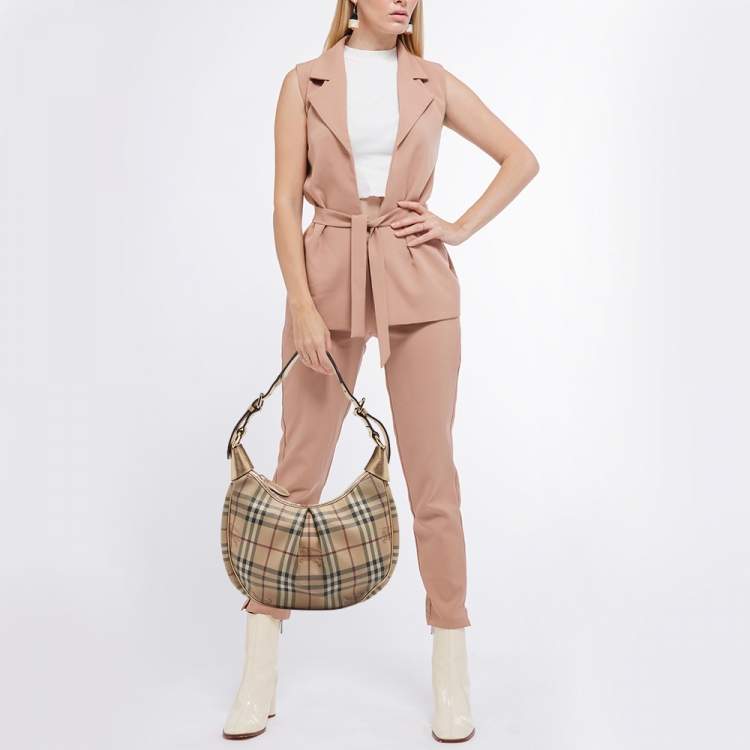 Pre Owned Burberry Gold/Beige Haymarket Coated Canvas Hobo