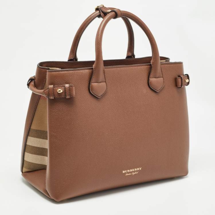 Pre Owned Burberry Brown/Beige Leather and House Check Fabric Medium Banner Tote