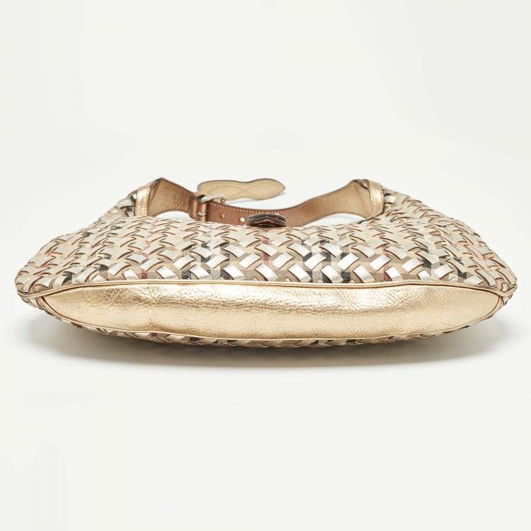 Pre Owned Burberry Gold/Beige Haymarket Check PVC and Leather Woven Brooke Hobo