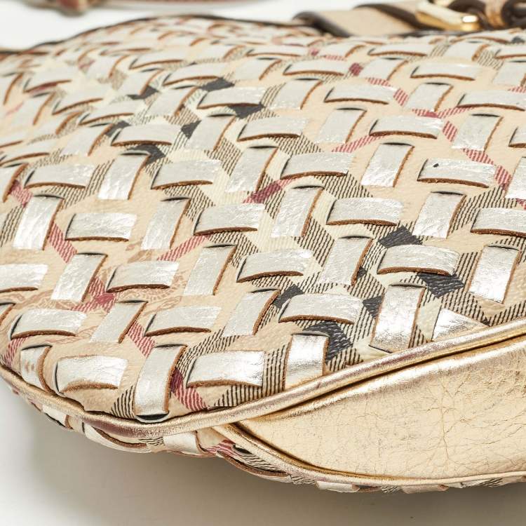 Pre Owned Burberry Gold/Beige Haymarket Check PVC and Leather Woven Brooke Hobo