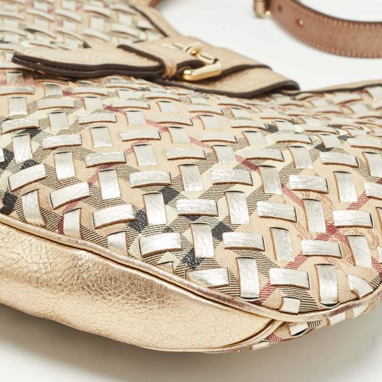 Pre Owned Burberry Gold/Beige Haymarket Check PVC and Leather Woven Brooke Hobo