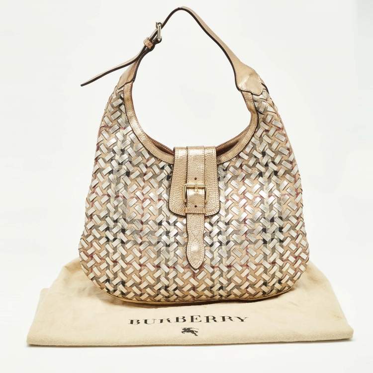 Pre Owned Burberry Gold/Beige Haymarket Check PVC and Leather Woven Brooke Hobo