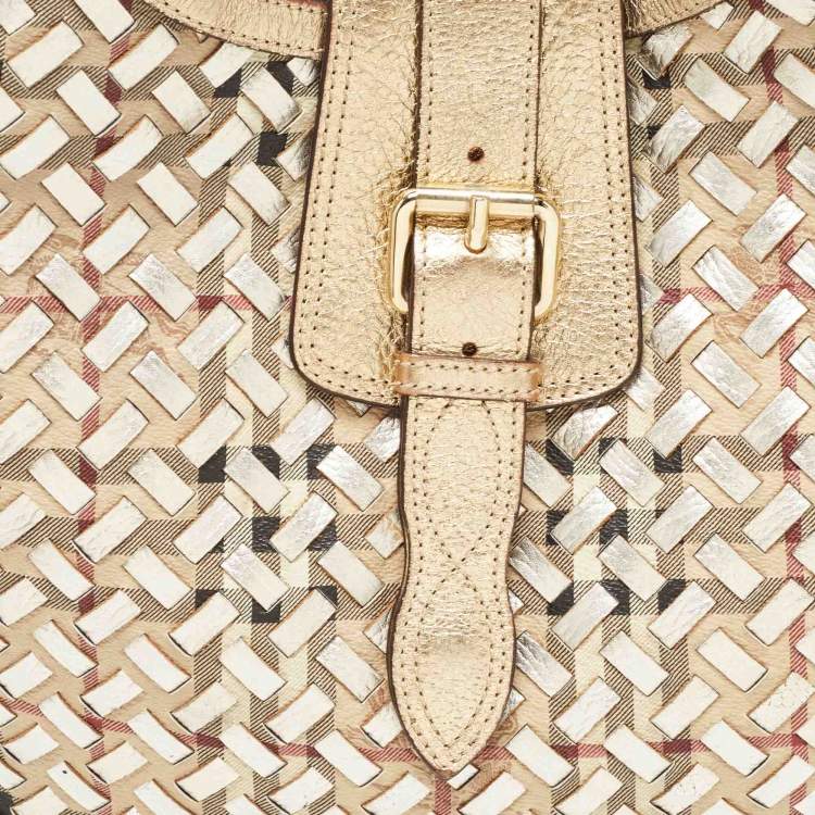 Pre Owned Burberry Gold/Beige Haymarket Check PVC and Leather Woven Brooke Hobo