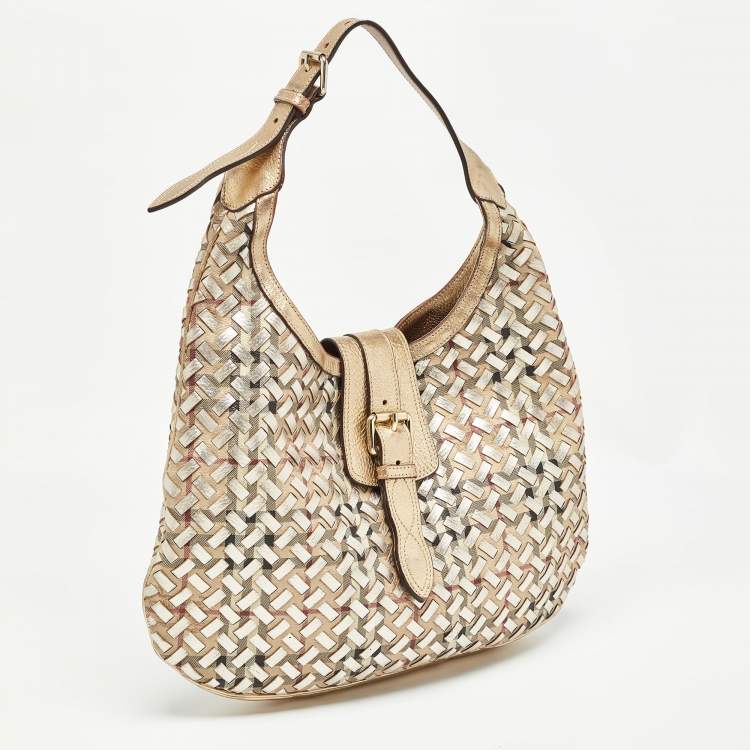 Pre Owned Burberry Gold/Beige Haymarket Check PVC and Leather Woven Brooke Hobo