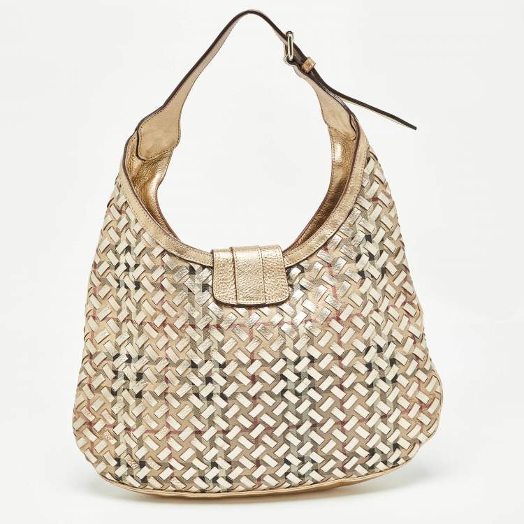 Pre Owned Burberry Gold/Beige Haymarket Check PVC and Leather Woven Brooke Hobo
