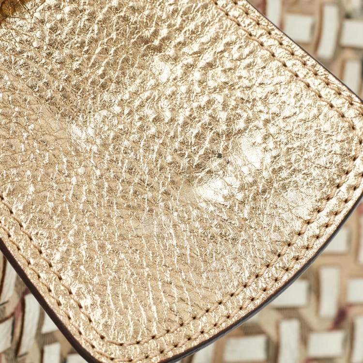 Pre Owned Burberry Gold/Beige Haymarket Check PVC and Leather Woven Brooke Hobo