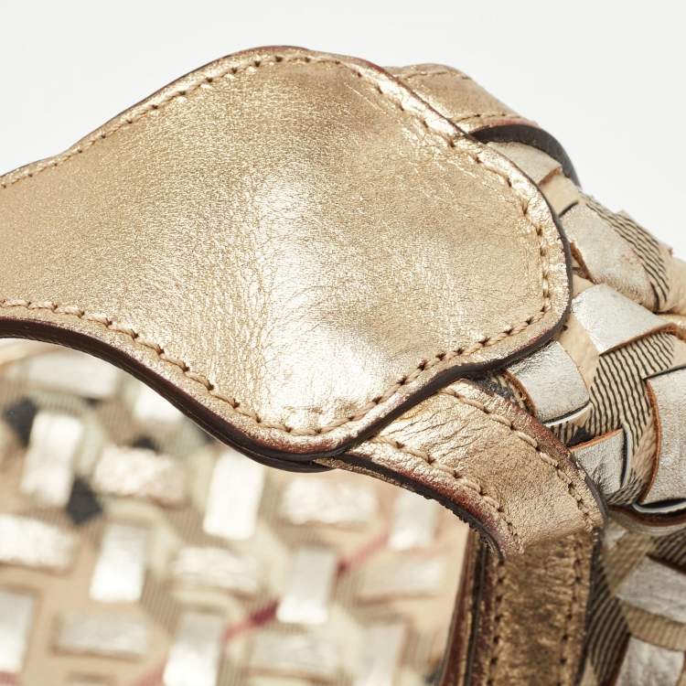 Pre Owned Burberry Gold/Beige Haymarket Check PVC and Leather Woven Brooke Hobo