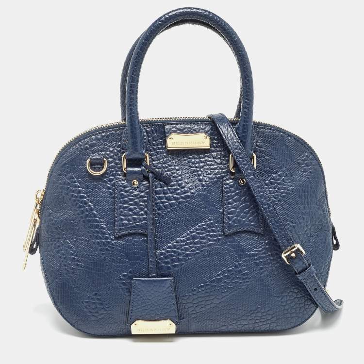 Pre Owned Burberry Navy Blue Grain Leather Orchard Satchel