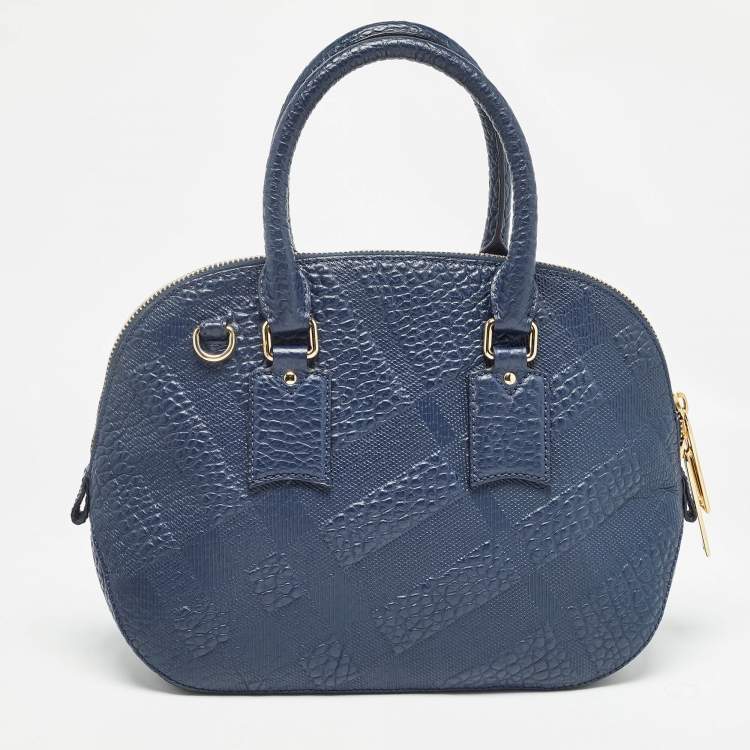 Pre Owned Burberry Navy Blue Grain Leather Orchard Satchel