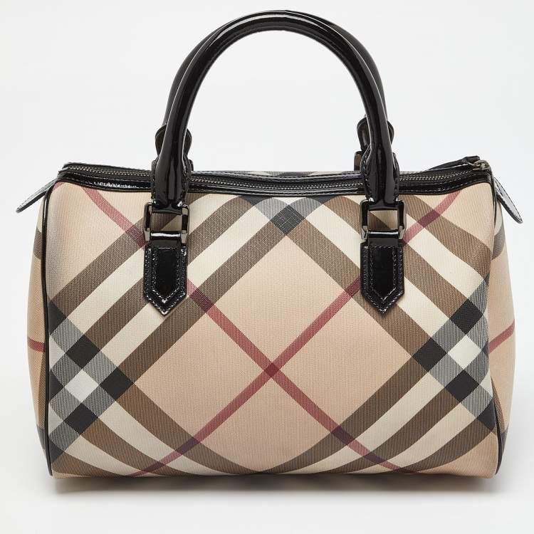 Pre Owned Burberry Beige/Black Nova Check PVC and Patent Leather Chester Boston Bag