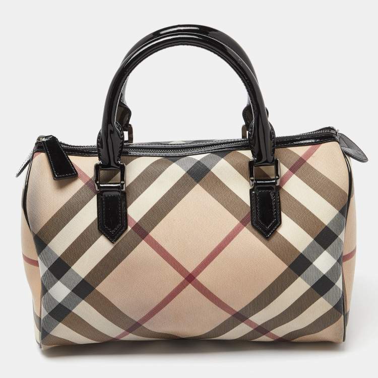 Pre Owned Burberry Beige/Black Nova Check PVC and Patent Leather Chester Boston Bag