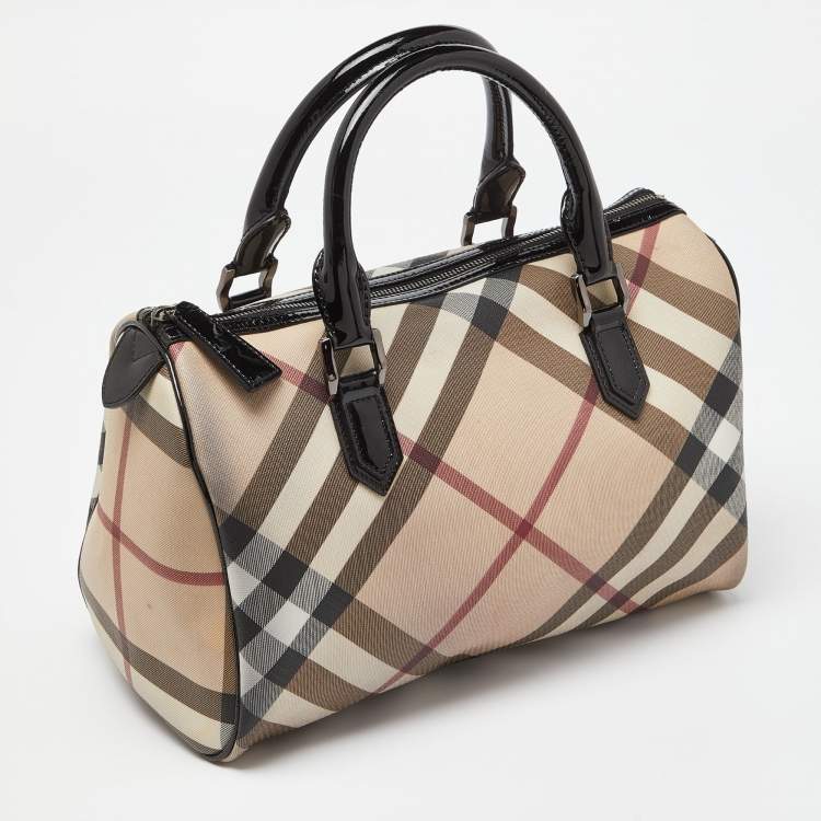 Pre Owned Burberry Beige/Black Nova Check PVC and Patent Leather Chester Boston Bag