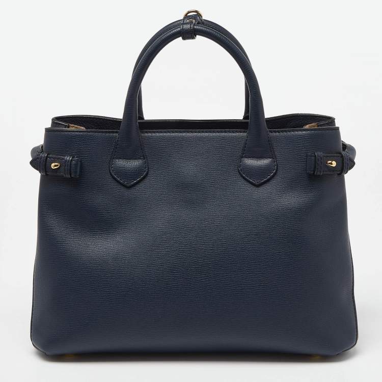 Pre Owned Burberry Blue/Beige Leather and House Check Canvas Medium Banner Tote