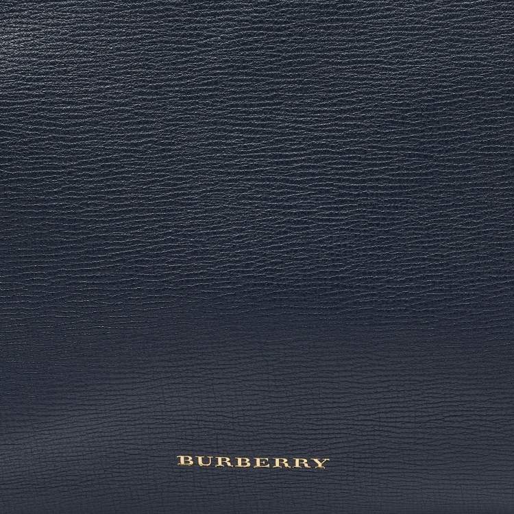 Pre Owned Burberry Blue/Beige Leather and House Check Canvas Medium Banner Tote