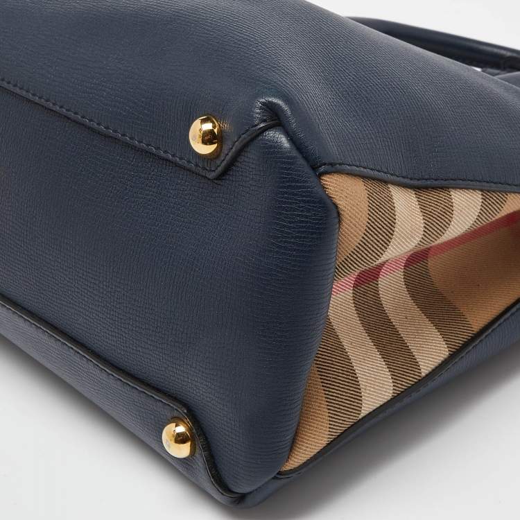 Pre Owned Burberry Blue/Beige Leather and House Check Canvas Medium Banner Tote