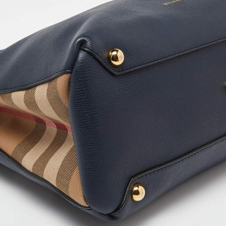 Pre Owned Burberry Blue/Beige Leather and House Check Canvas Medium Banner Tote