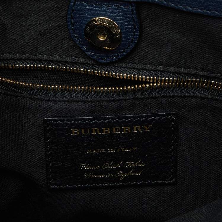 Pre Owned Burberry Blue/Beige Leather and House Check Canvas Medium Banner Tote
