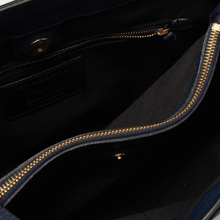Pre Owned Burberry Blue/Beige Leather and House Check Canvas Medium Banner Tote