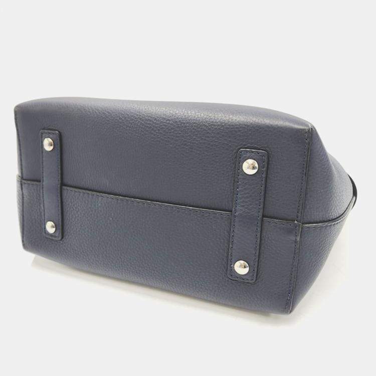 Pre Owned Burberry Navy Blue Leather Small Belt Tote Bag