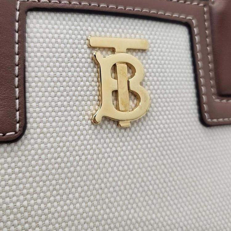 Pre Owned Burberry Ivory/Brown Leather and Canvas Mini Frances Tote Bag