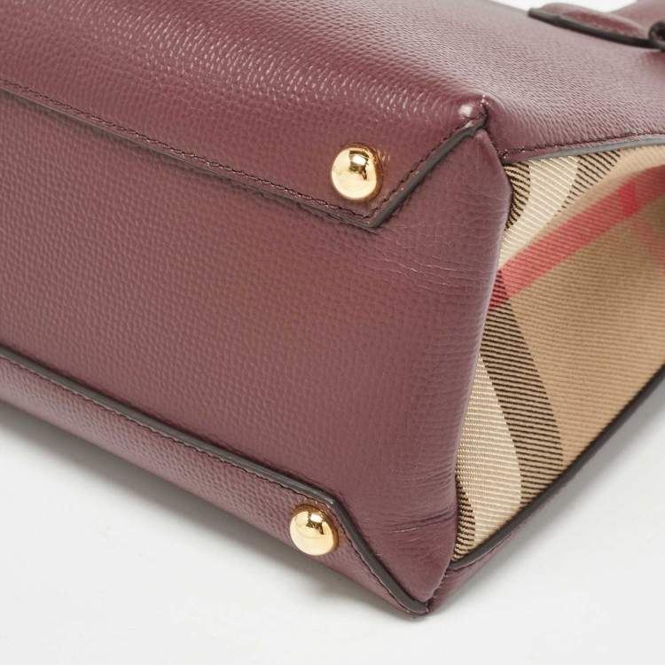 Pre Owned Burberry Burgundy/Beige House Check Fabric and Leather Mini Banner Tote
