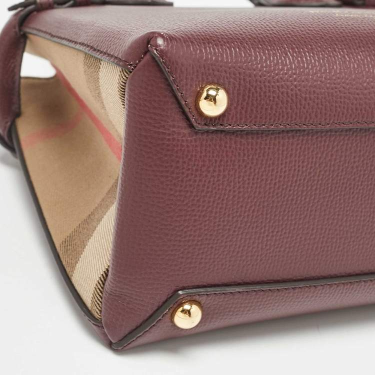 Pre Owned Burberry Burgundy/Beige House Check Fabric and Leather Mini Banner Tote