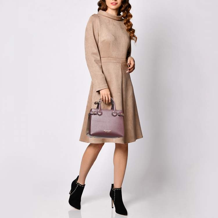 Pre Owned Burberry Burgundy/Beige House Check Fabric and Leather Mini Banner Tote