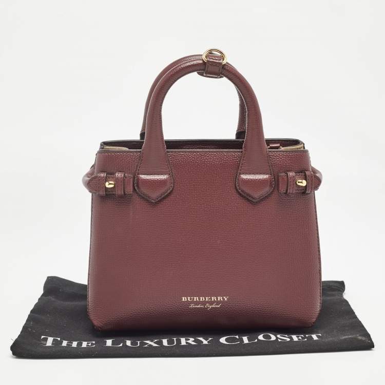 Pre Owned Burberry Burgundy/Beige House Check Fabric and Leather Mini Banner Tote