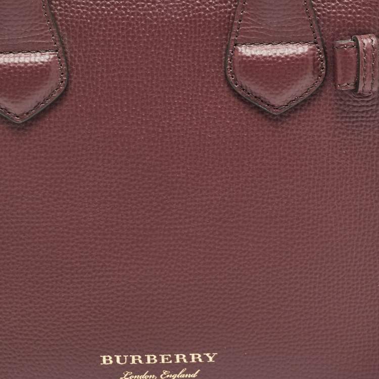 Pre Owned Burberry Burgundy/Beige House Check Fabric and Leather Mini Banner Tote