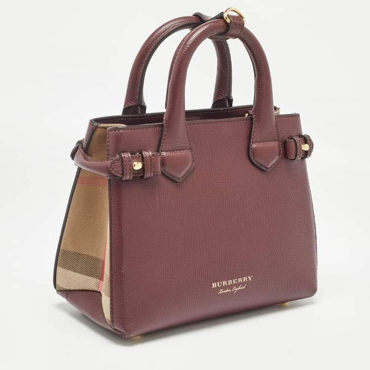 Pre Owned Burberry Burgundy/Beige House Check Fabric and Leather Mini Banner Tote