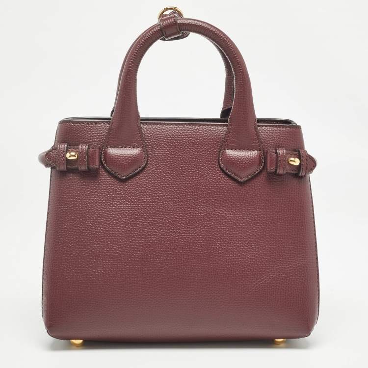 Pre Owned Burberry Burgundy/Beige House Check Fabric and Leather Mini Banner Tote
