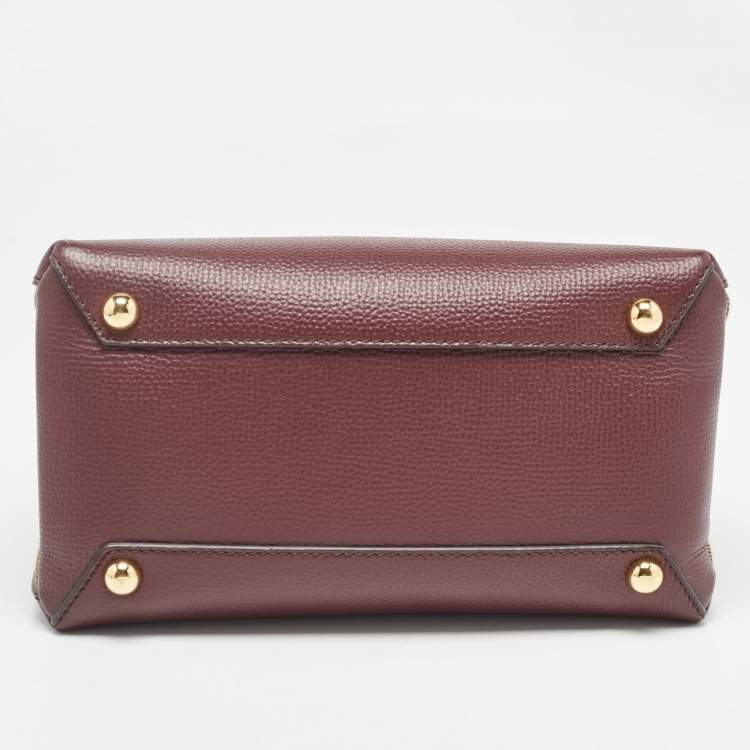 Pre Owned Burberry Burgundy/Beige House Check Fabric and Leather Mini Banner Tote