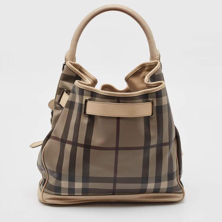 Pre Owned Burberry Smoke Check Coated Canvas and Leather Walden Tote