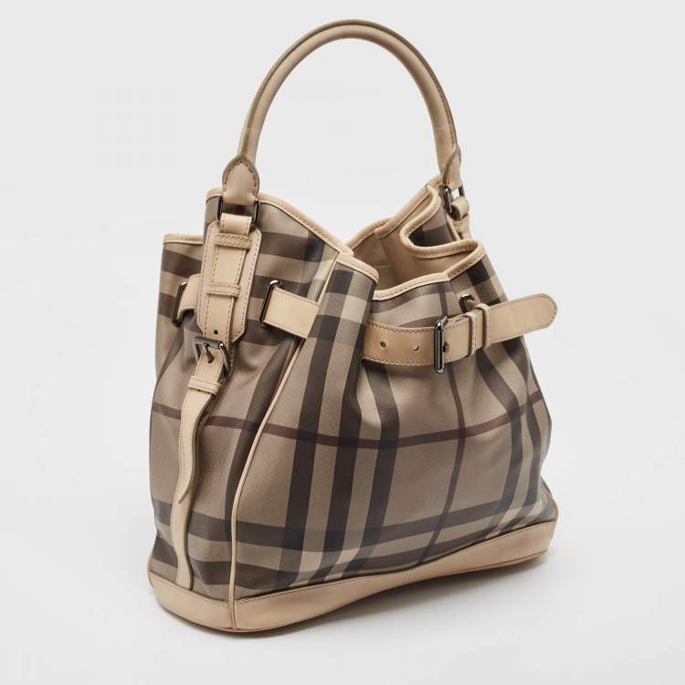 Pre Owned Burberry Smoke Check Coated Canvas and Leather Walden Tote