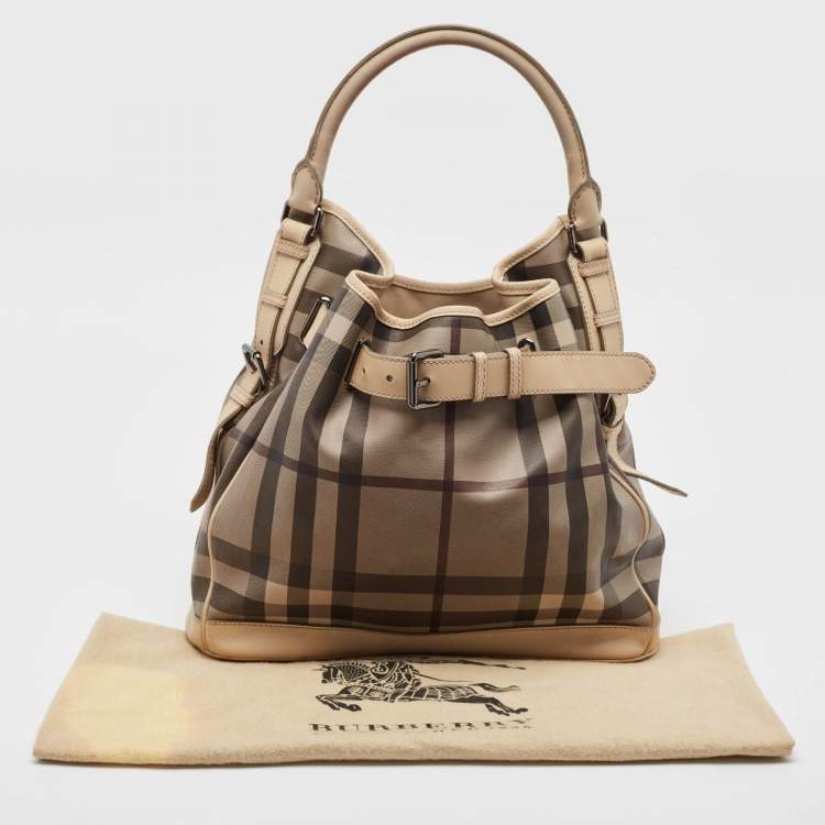 Pre Owned Burberry Smoke Check Coated Canvas and Leather Walden Tote