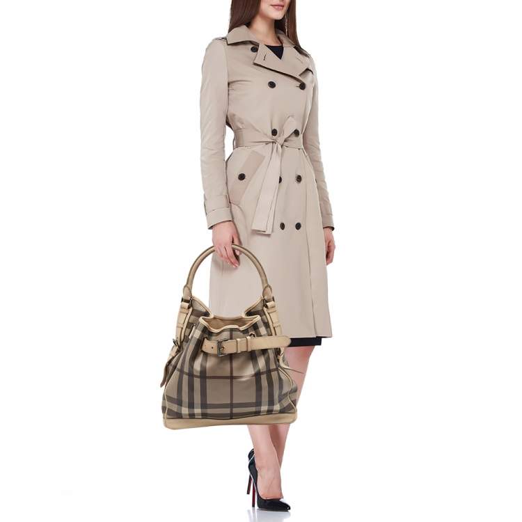 Pre Owned Burberry Smoke Check Coated Canvas and Leather Walden Tote