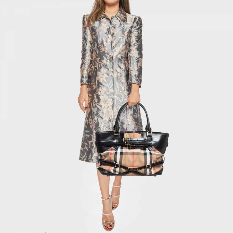 Pre Owned Burberry Black House Check Canvas and Leather Medium Bridle Lynher Tote