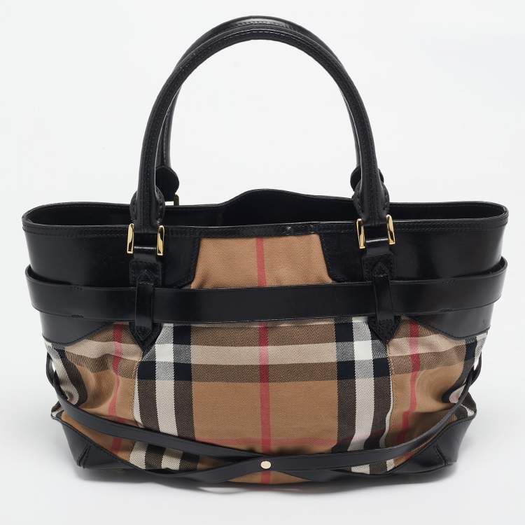 Pre Owned Burberry Black House Check Canvas and Leather Medium Bridle Lynher Tote