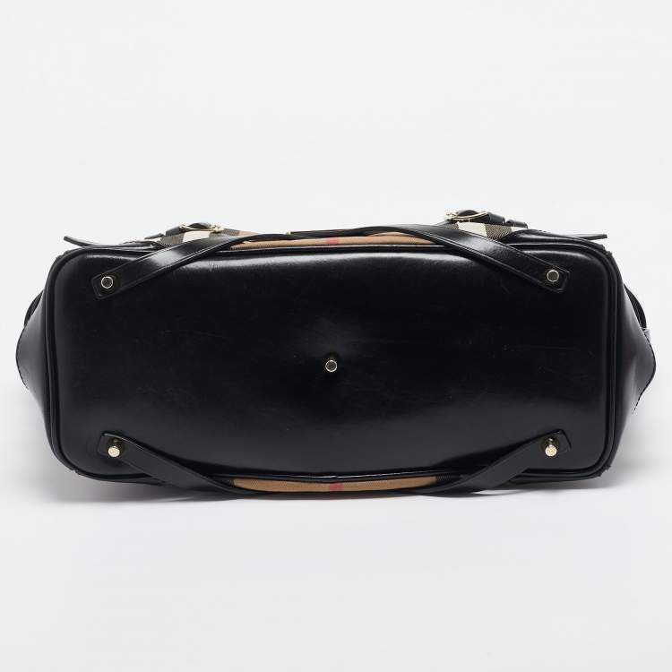 Pre Owned Burberry Black House Check Canvas and Leather Medium Bridle Lynher Tote