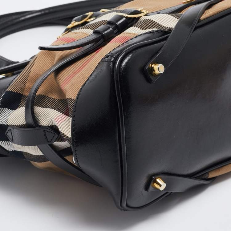 Pre Owned Burberry Black House Check Canvas and Leather Medium Bridle Lynher Tote