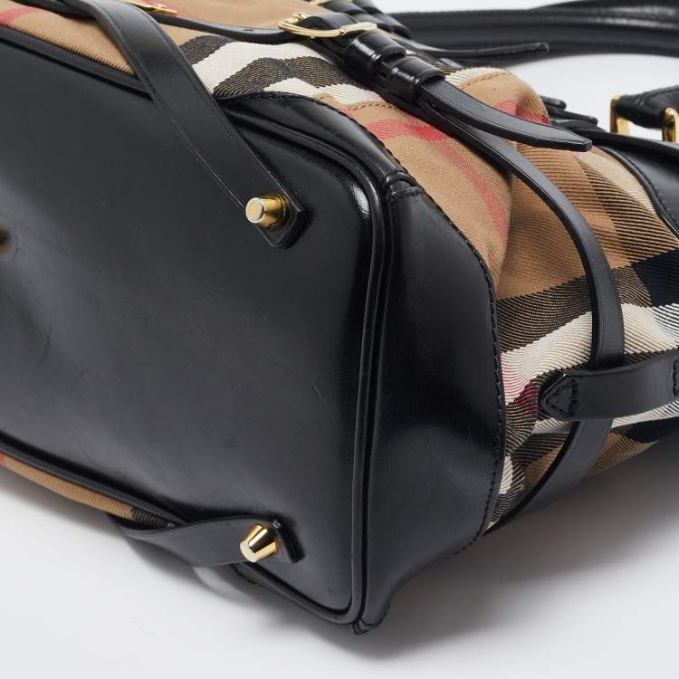 Pre Owned Burberry Black House Check Canvas and Leather Medium Bridle Lynher Tote